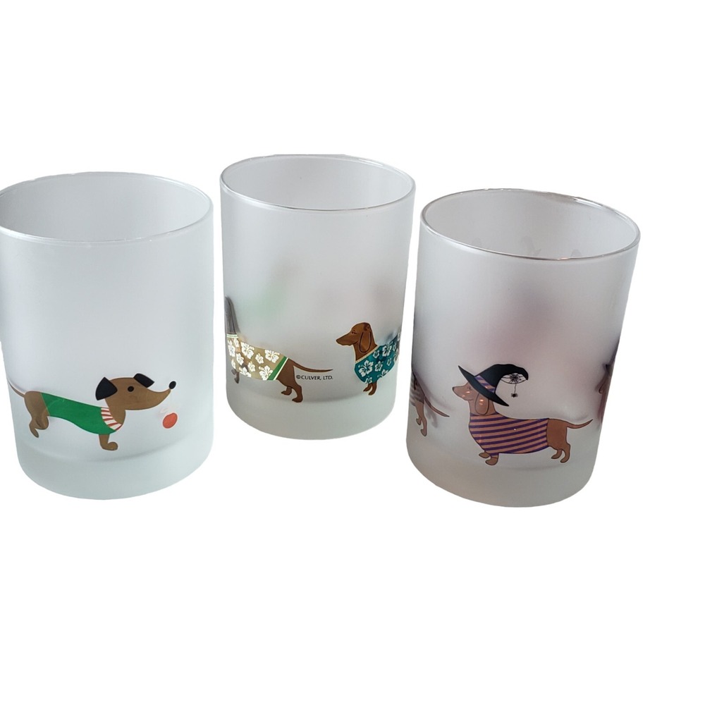 3 CULVER Frosted DACHSHUND Dog Vacay Xmas Double Old Fashioned Rocks Glasses